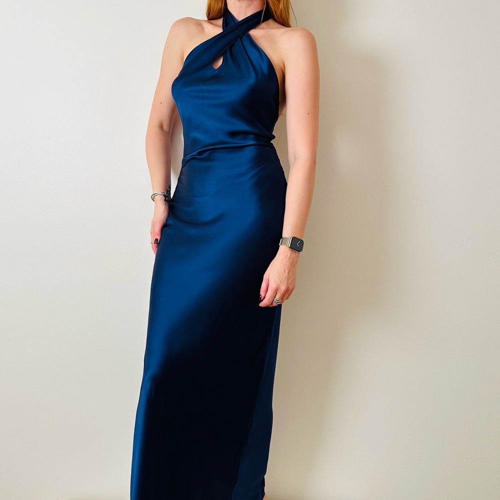 New Amanda Uprichard Jade Silk Dress Navy Maxi Halter Open Back - Picture 3 of 13